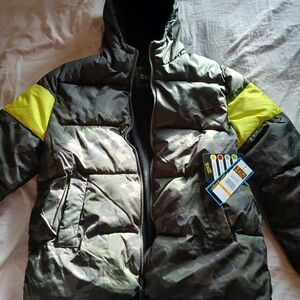 Kids Camouflage Puffer Jacket with Yellow Accents